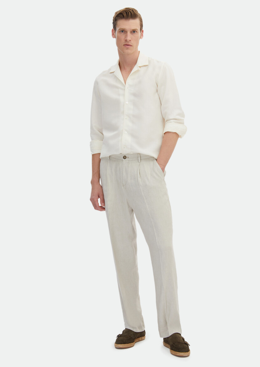 White Plain Regular Fit Long Weaving Casual Linen Blended Shirt - RAMSEY