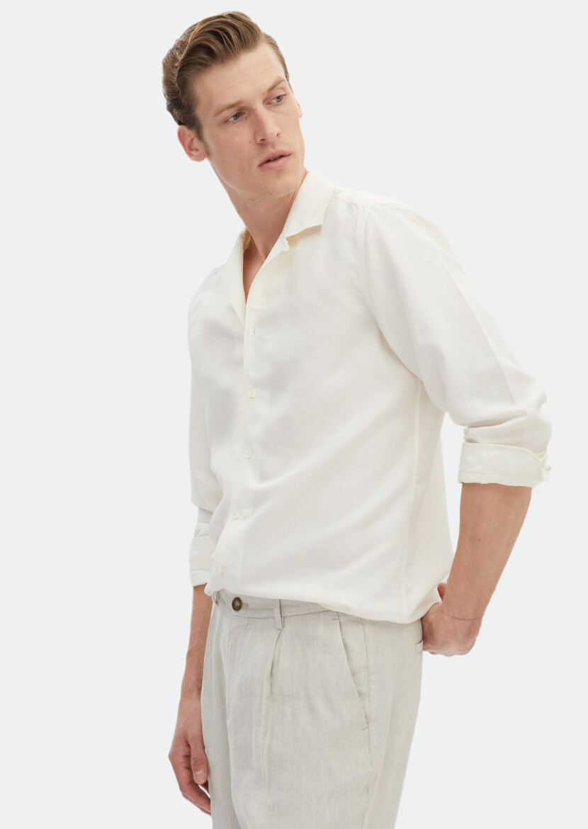 White Plain Regular Fit Long Weaving Casual Linen Blended Shirt - 4