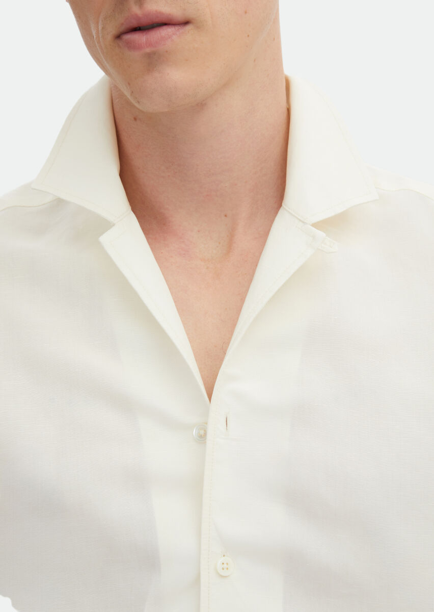 White Plain Regular Fit Long Weaving Casual Linen Blended Shirt - 5