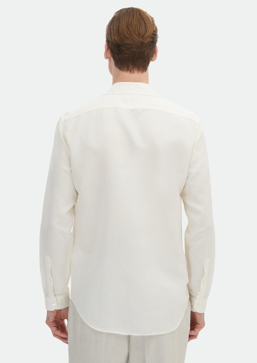 White Plain Regular Fit Long Weaving Casual Linen Blended Shirt - 7