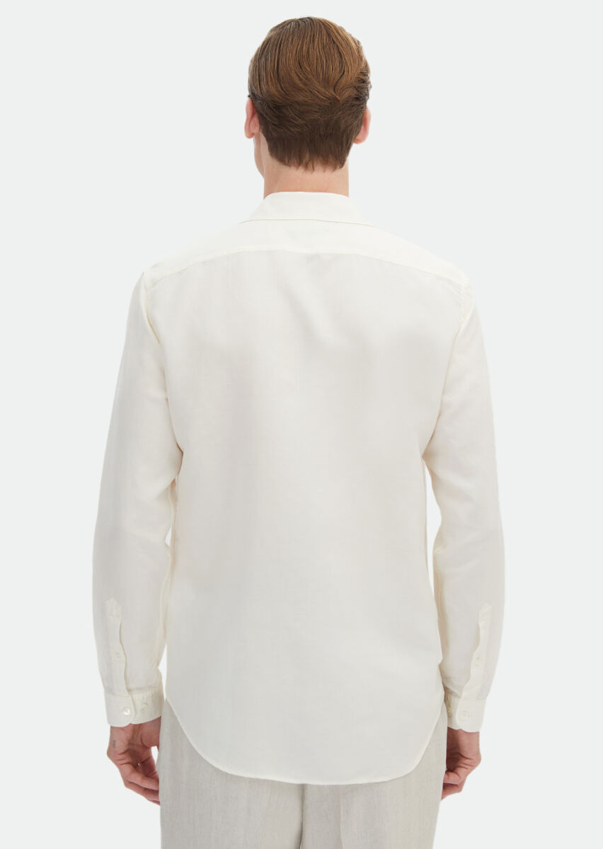 White Plain Regular Fit Long Weaving Casual Linen Blended Shirt - 7