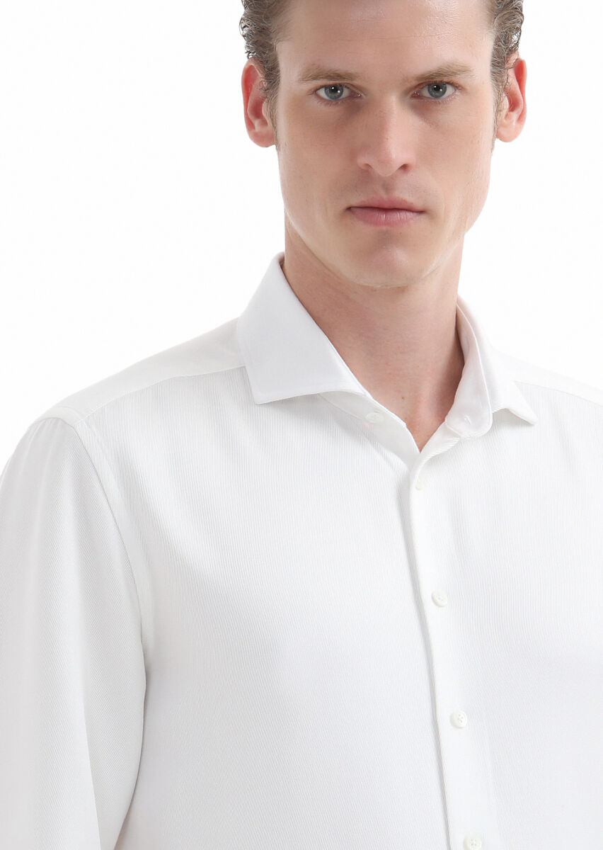 White Plain Regular Fit Long Weaving Casual Shirt - 3