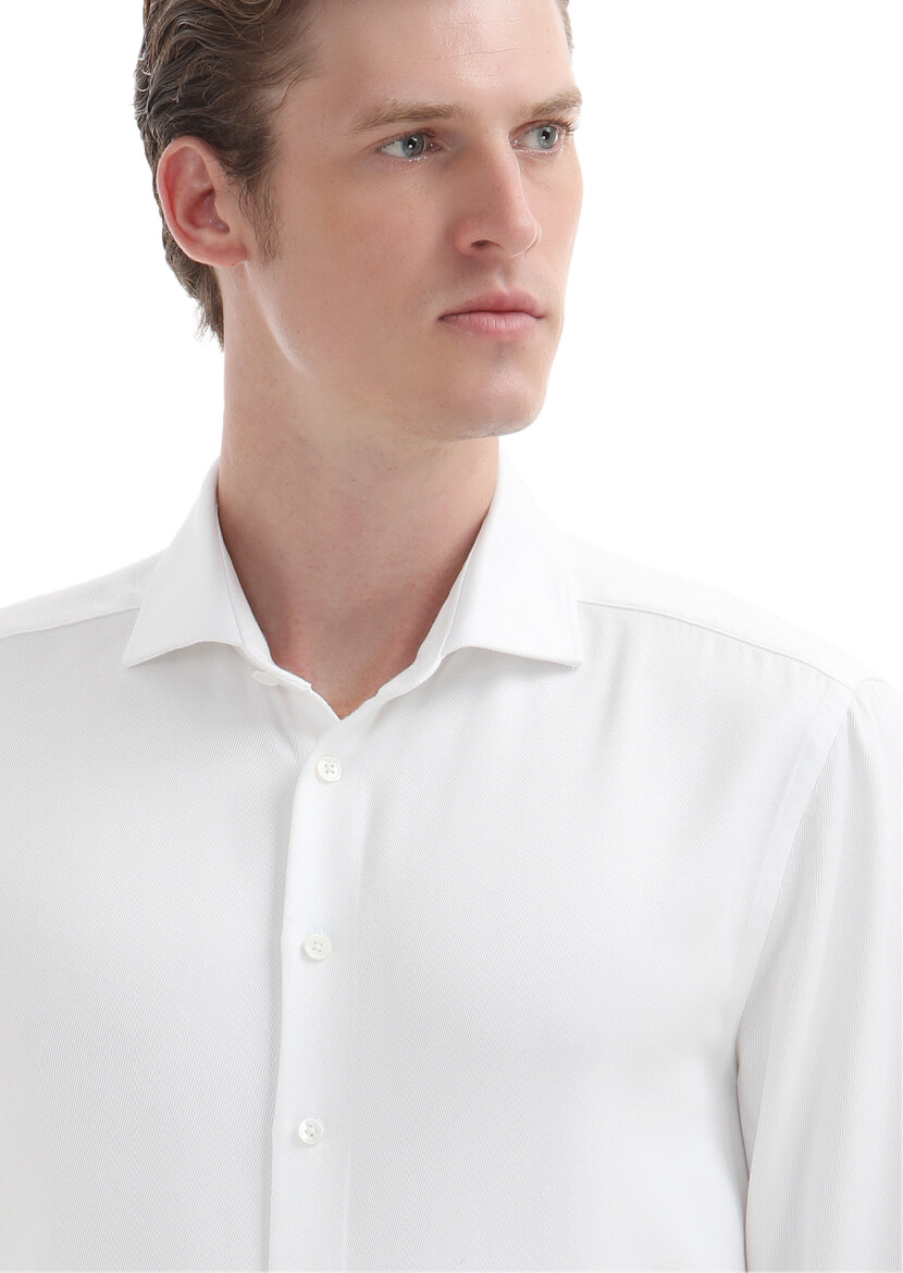 White Plain Regular Fit Long Weaving Casual Shirt - 4
