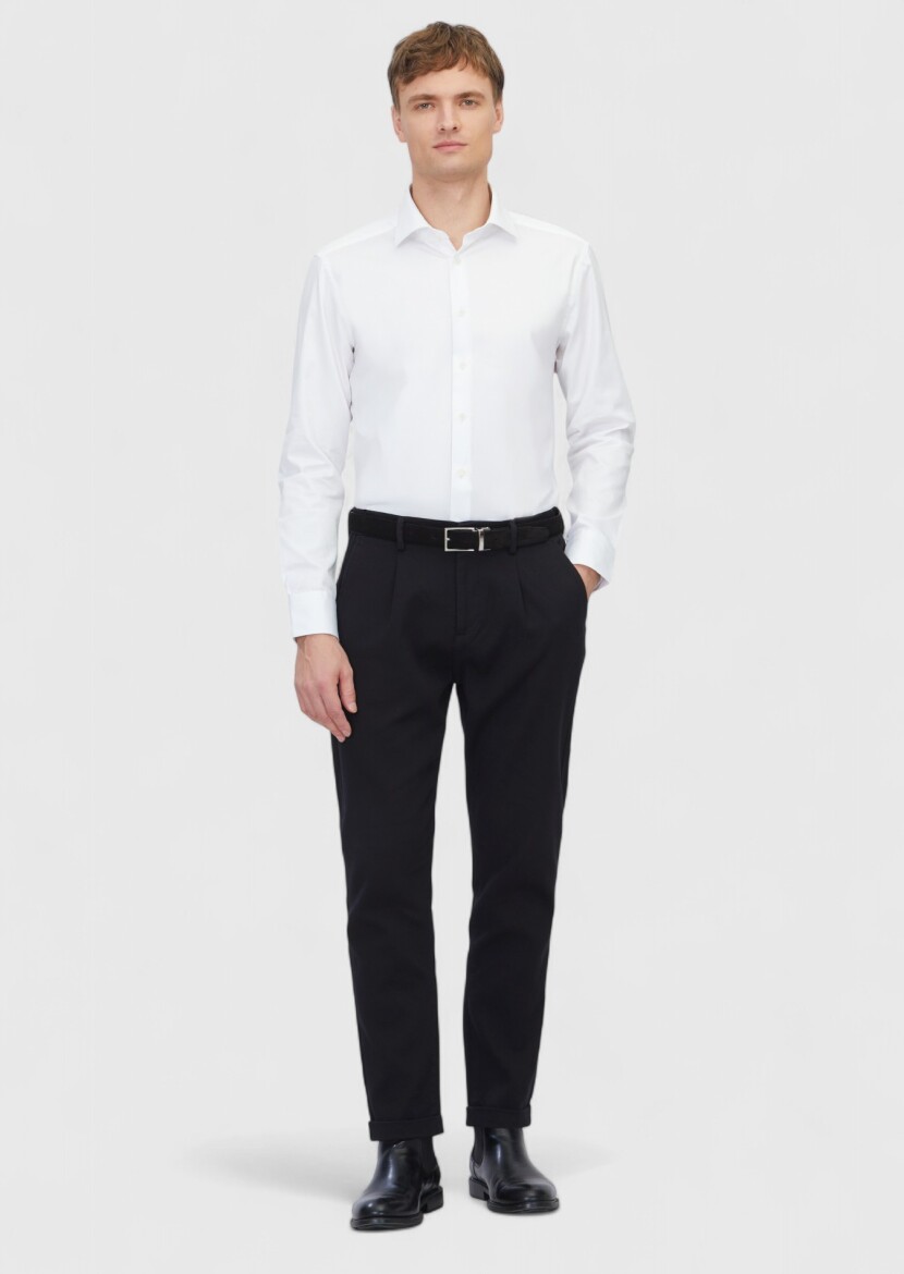 White Plain Regular Fit Long Weaving Classical 100% Cotton Shirt - 2