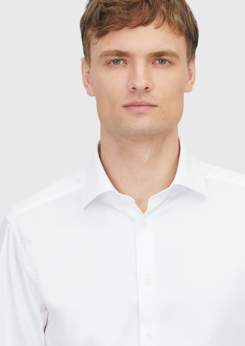 White Plain Regular Fit Long Weaving Classical 100% Cotton Shirt - 3