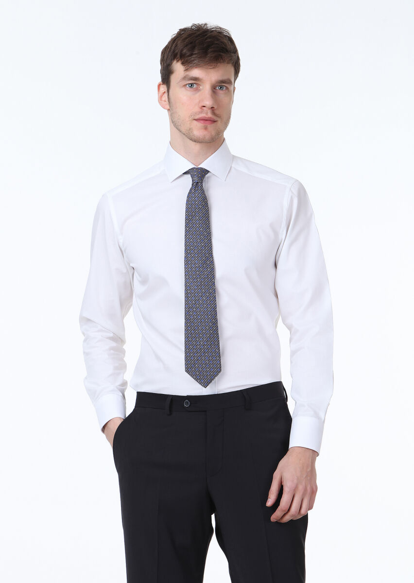 White Plain Regular Fit Long Weaving Classical 100% Cotton Shirt - 1