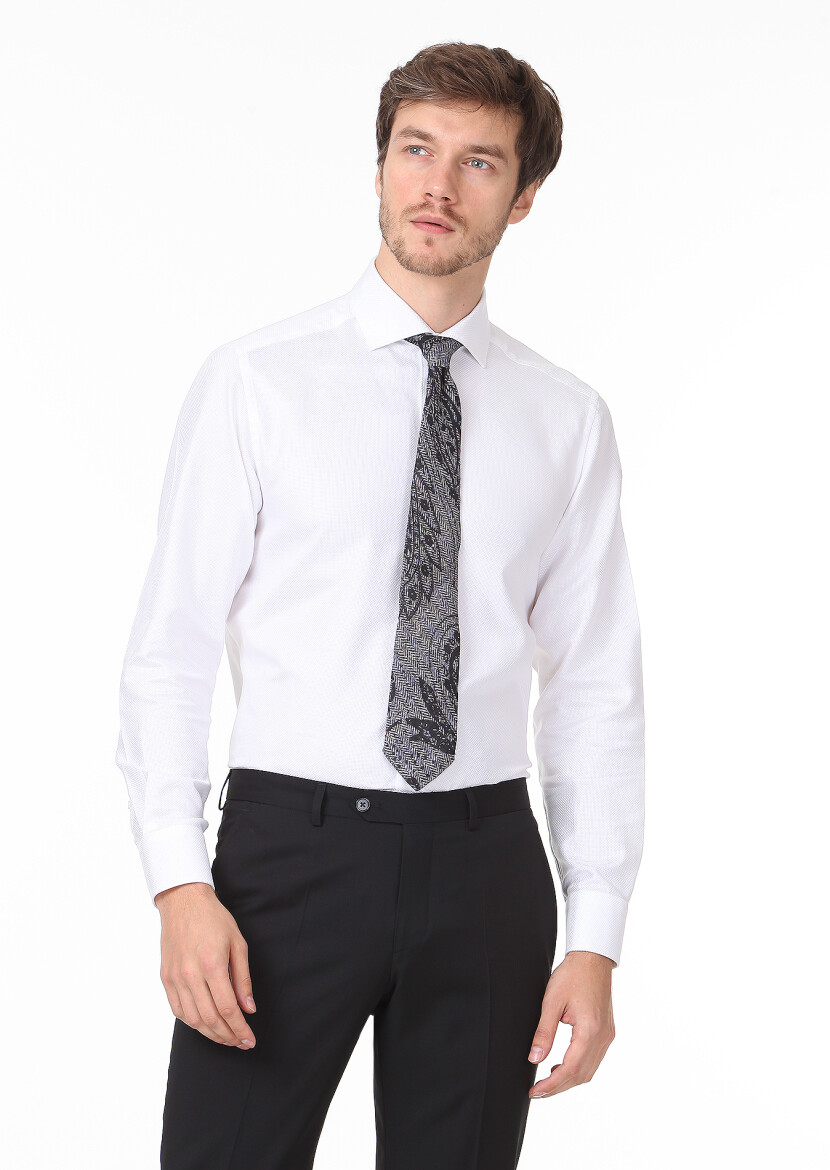 White Plain Regular Fit Long Weaving Classical 100% Cotton Shirt - 1