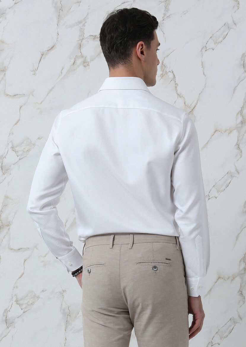 White Plain Regular Fit Long Weaving Classical 100% Cotton Shirt - 5