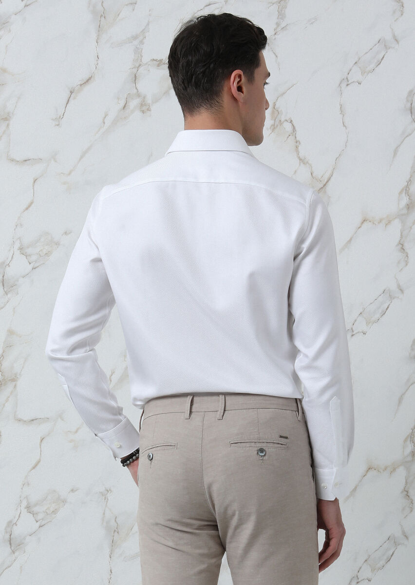 White Plain Regular Fit Long Weaving Classical 100% Cotton Shirt - 5