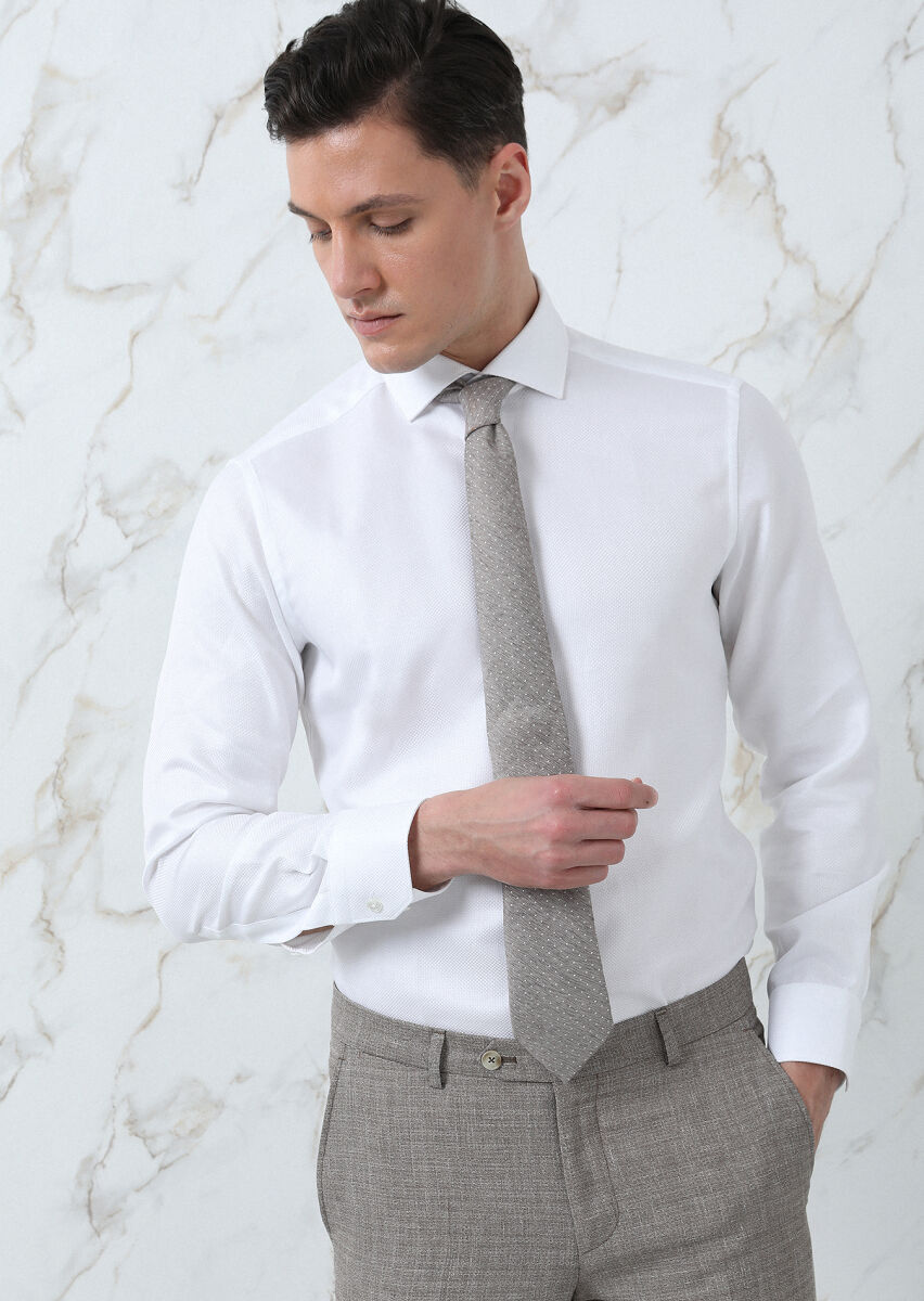 White Plain Regular Fit Long Weaving Classical 100% Cotton Shirt - 2