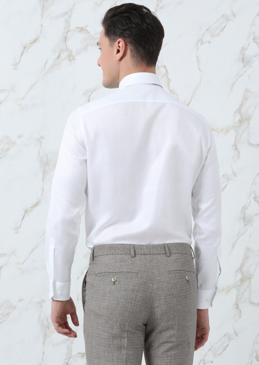 White Plain Regular Fit Long Weaving Classical 100% Cotton Shirt - 5