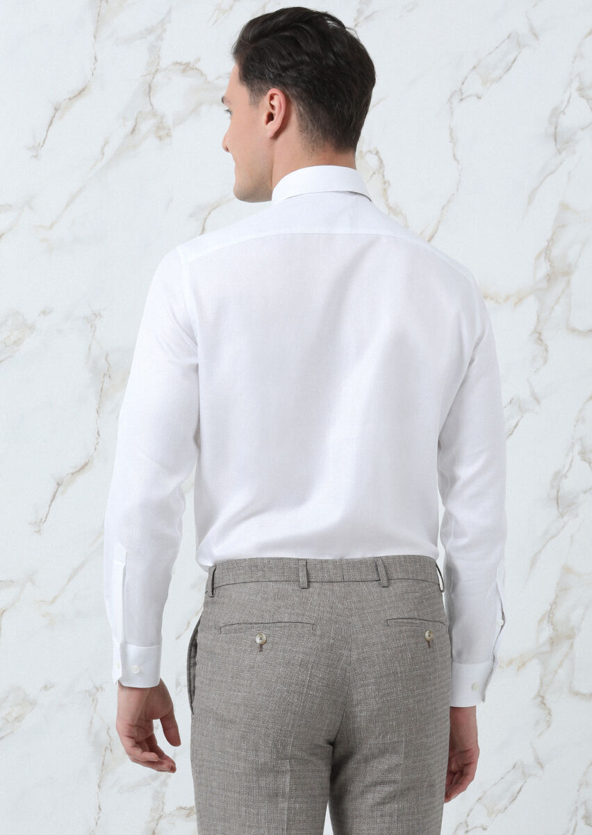 White Plain Regular Fit Long Weaving Classical 100% Cotton Shirt - 5