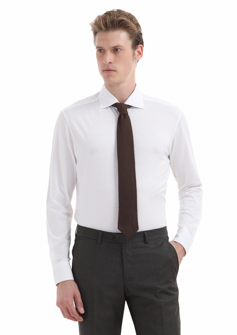 White Plain Regular Fit Long Weaving Classical 100% Cotton Shirt - 1