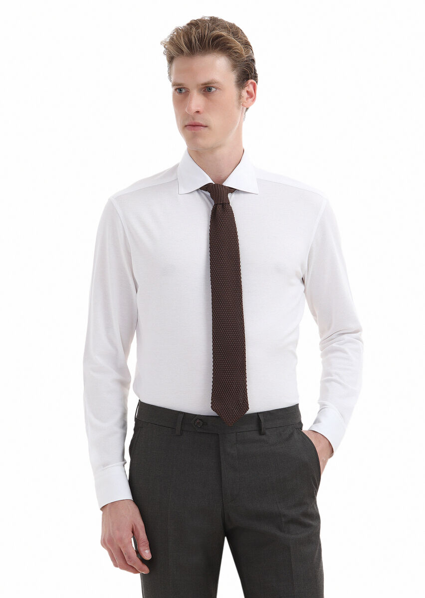 White Plain Regular Fit Long Weaving Classical 100% Cotton Shirt - 1