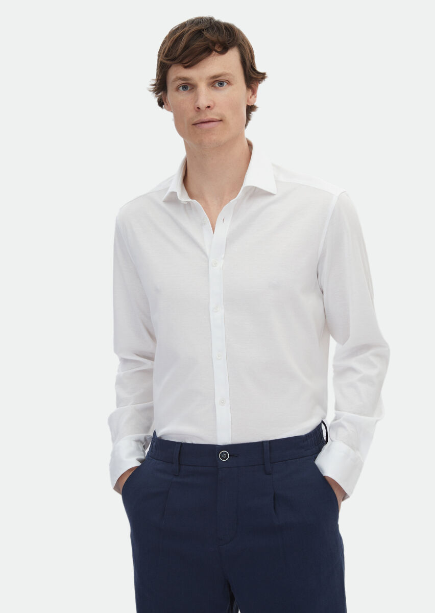 White Plain Regular Fit Long Weaving Classical 100% Cotton Shirt - 1