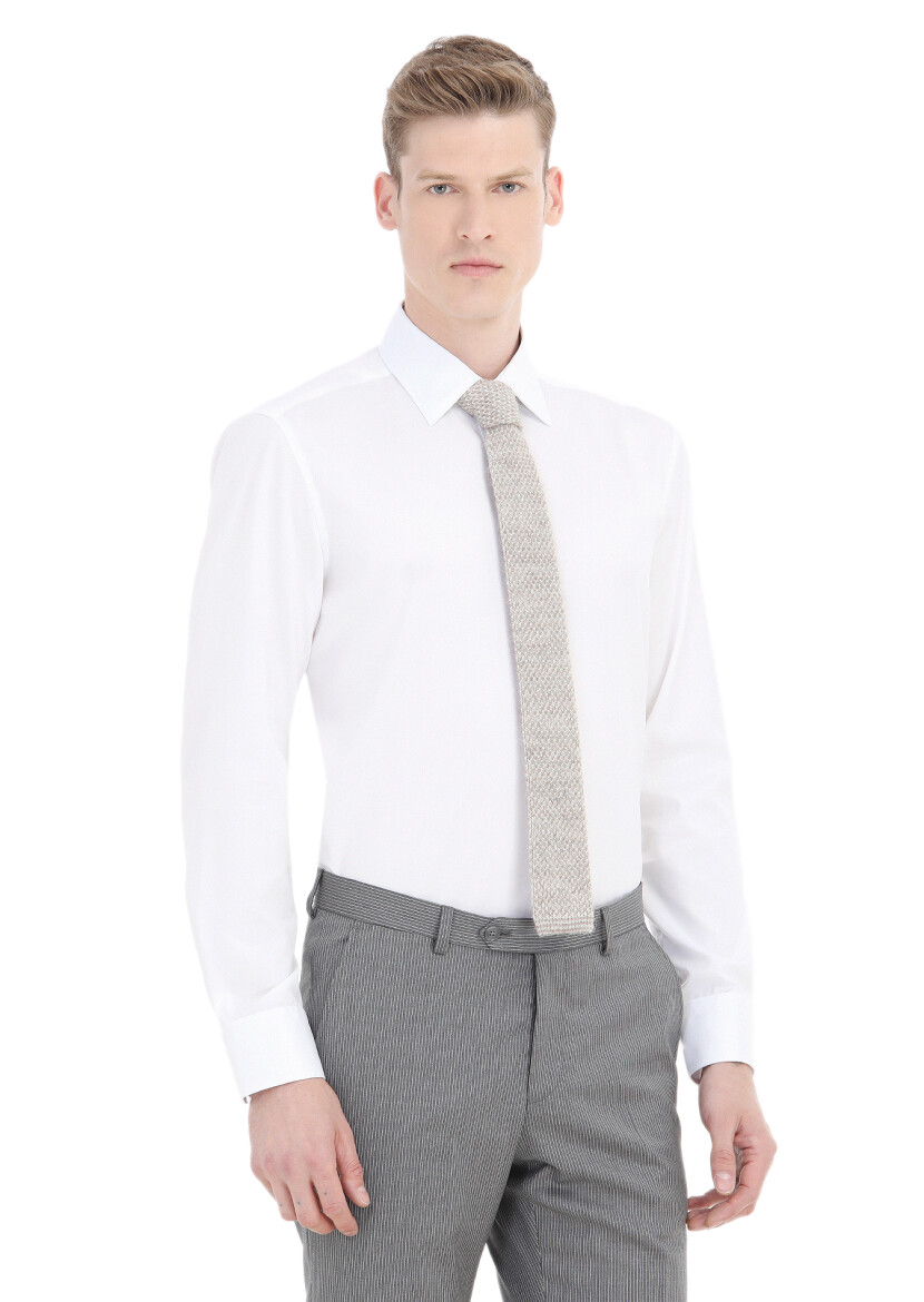 White Plain Regular Fit Long Weaving Classical 100% Cotton Shirt - 2