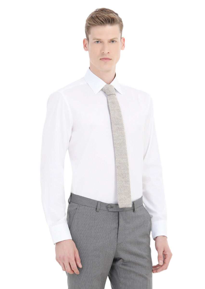 White Plain Regular Fit Long Weaving Classical 100% Cotton Shirt - 2