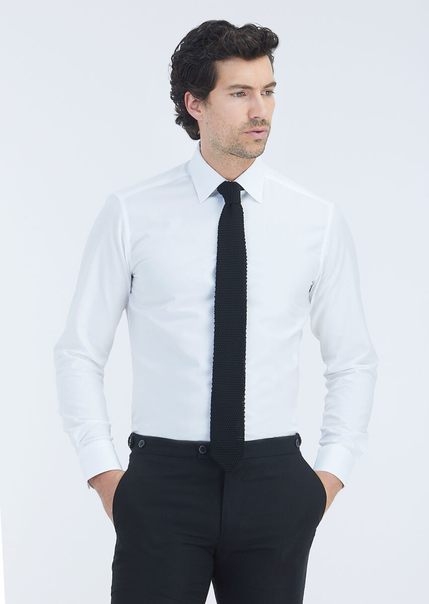 White Plain Regular Fit Long Weaving Classical 100% Cotton Shirt - 2