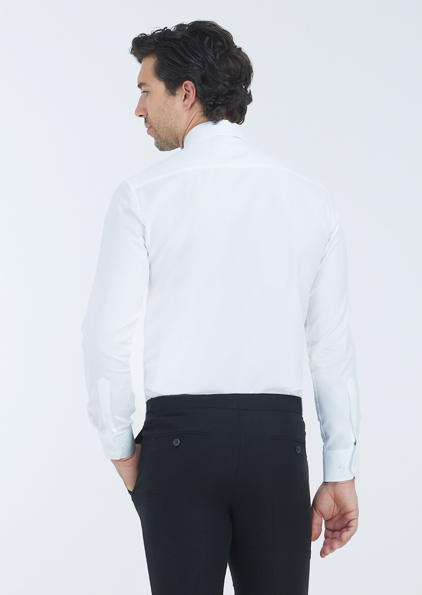 White Plain Regular Fit Long Weaving Classical 100% Cotton Shirt - 5