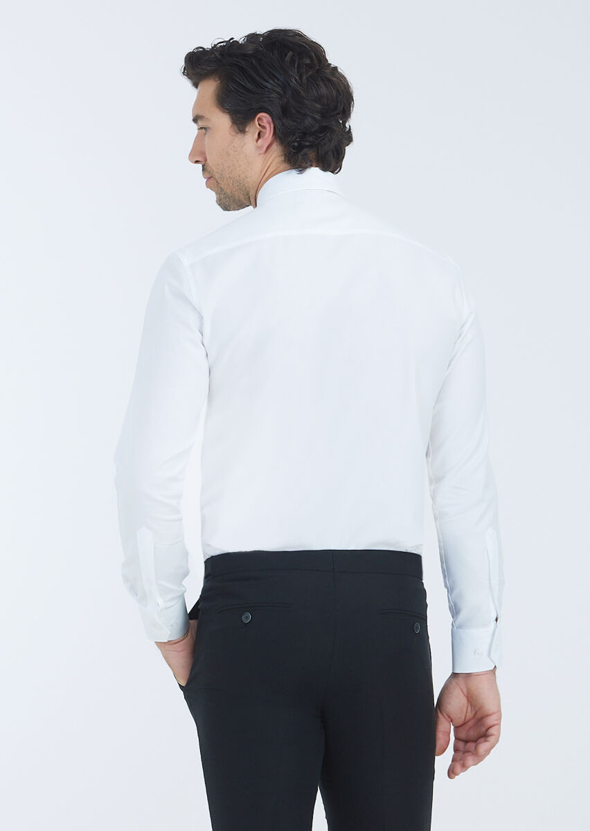 White Plain Regular Fit Long Weaving Classical 100% Cotton Shirt - 5