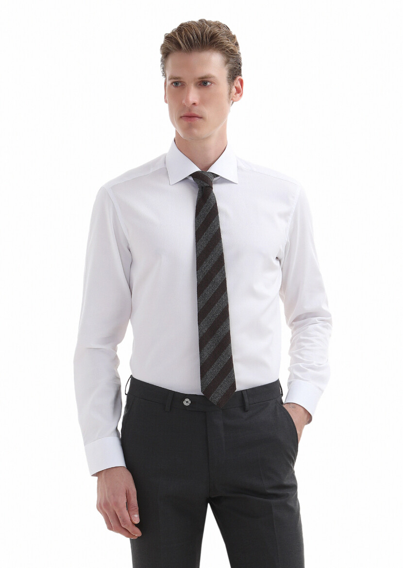 White Plain Regular Fit Long Weaving Classical 100% Cotton Shirt 