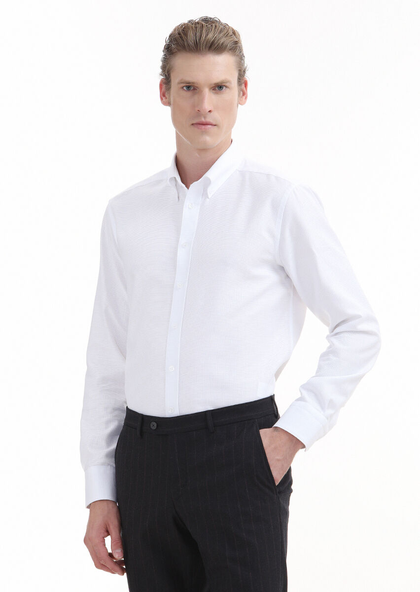 White Plain Regular Fit Long Weaving Classical 100% Cotton Shirt - 1