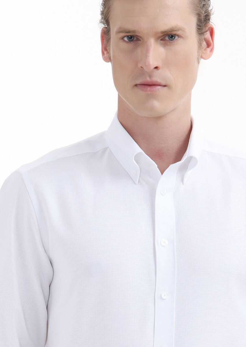 White Plain Regular Fit Long Weaving Classical 100% Cotton Shirt - 4