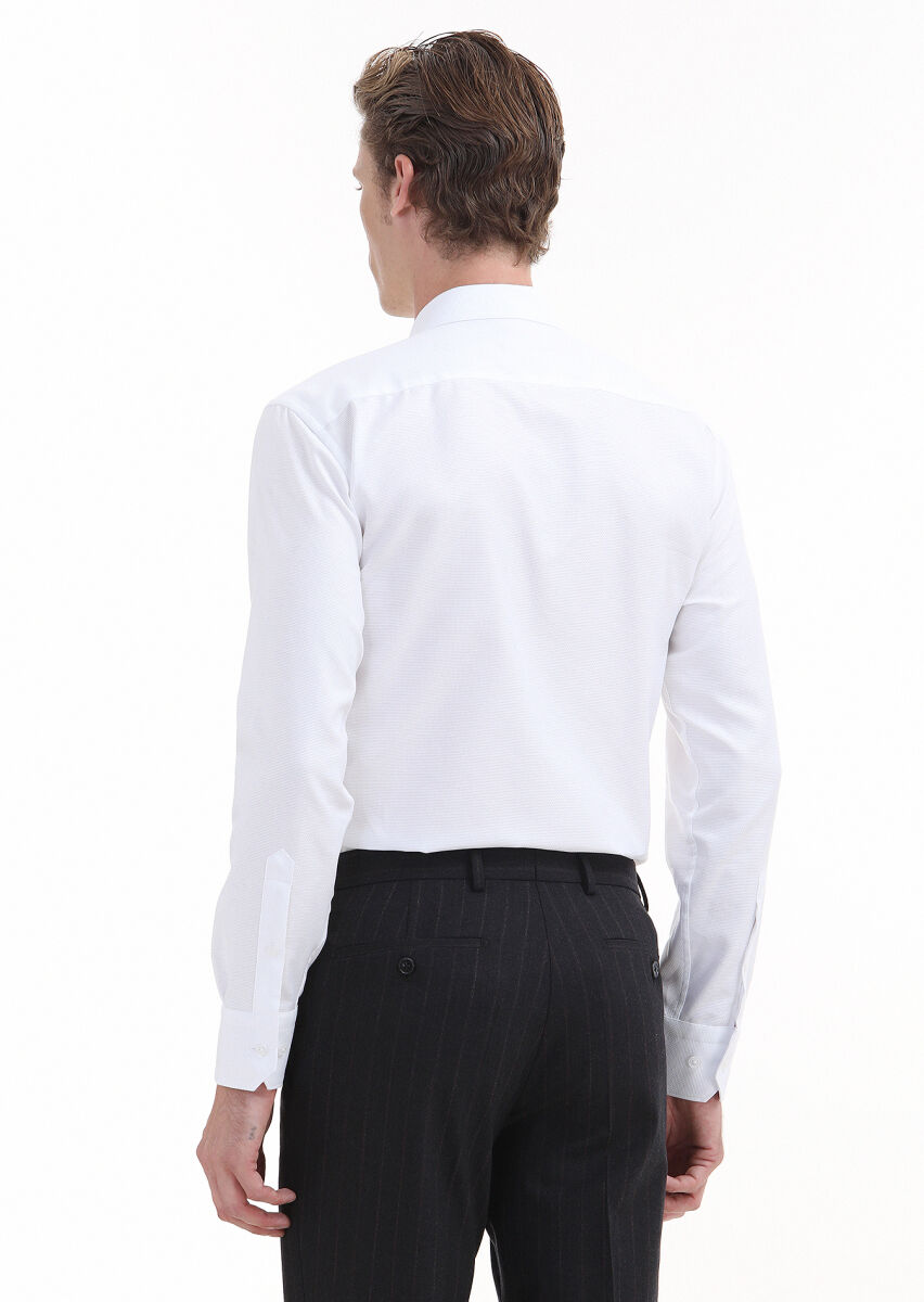 White Plain Regular Fit Long Weaving Classical 100% Cotton Shirt - 5