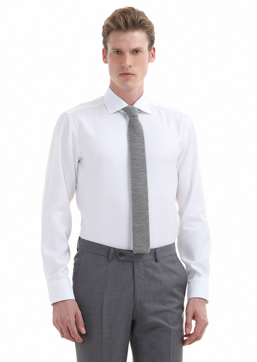 White Plain Regular Fit Long Weaving Classical 100% Cotton Shirt - 2