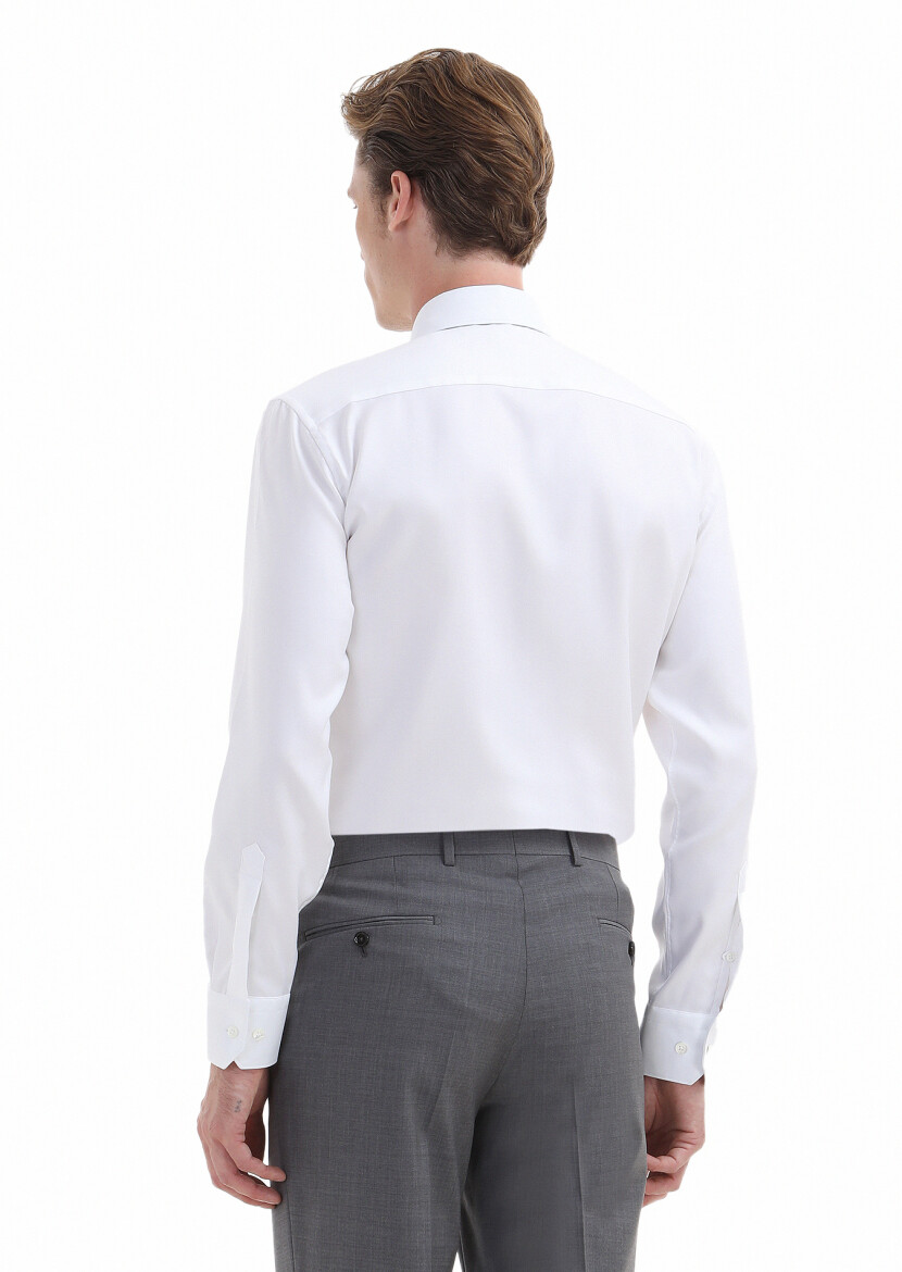 White Plain Regular Fit Long Weaving Classical 100% Cotton Shirt - 3