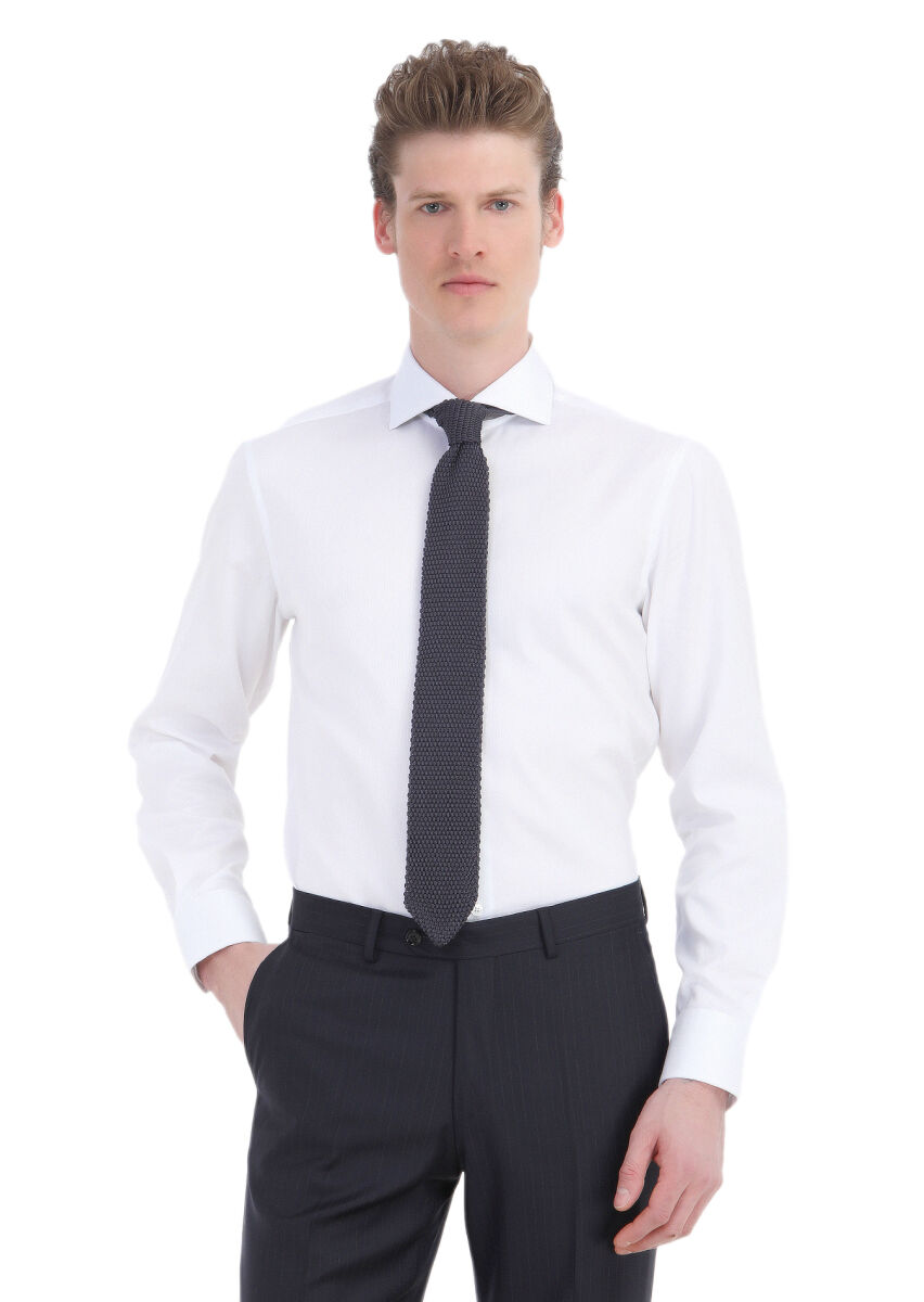 White Plain Regular Fit Long Weaving Classical 100% Cotton Shirt - 1
