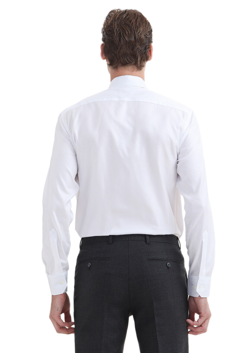 White Plain Regular Fit Long Weaving Classical 100% Cotton Shirt - 5