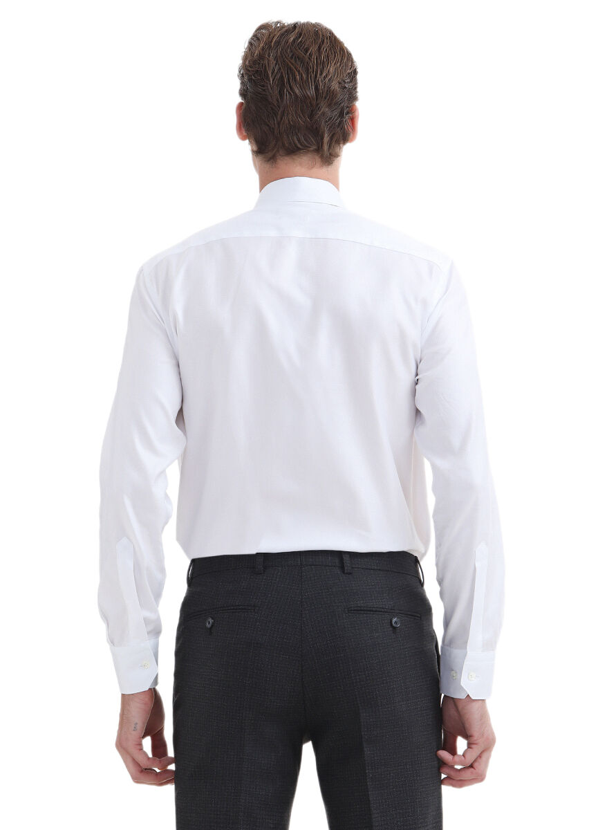 White Plain Regular Fit Long Weaving Classical 100% Cotton Shirt - 5