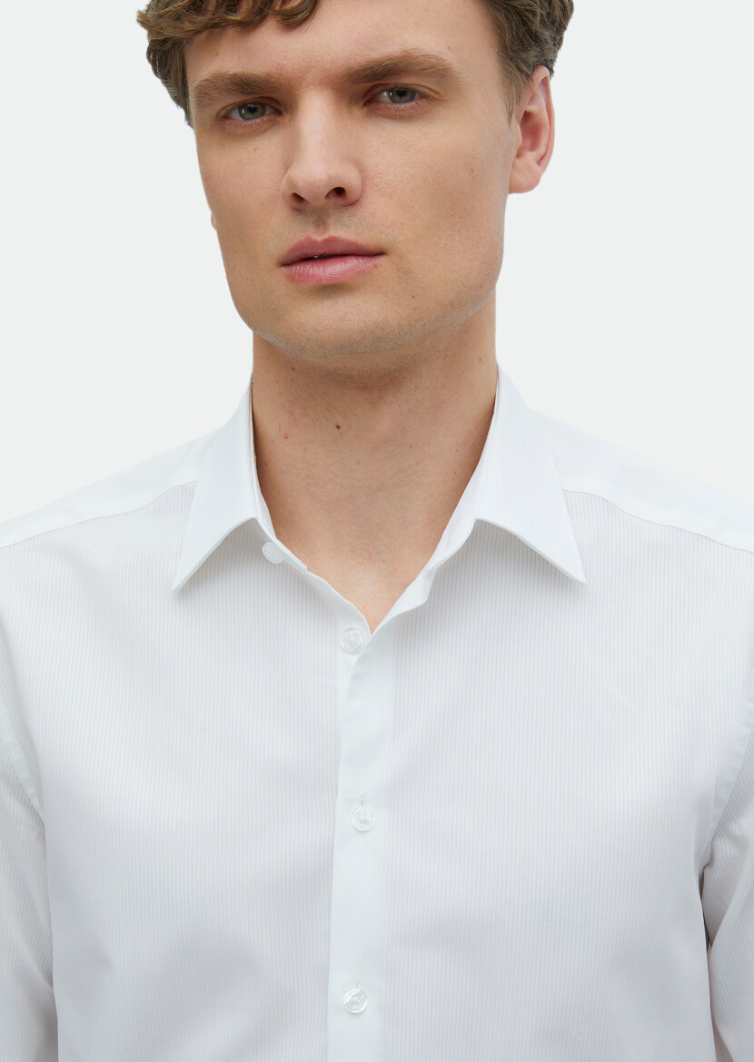 White Plain Regular Fit Long Weaving Classical 100% Cotton Shirt - 3