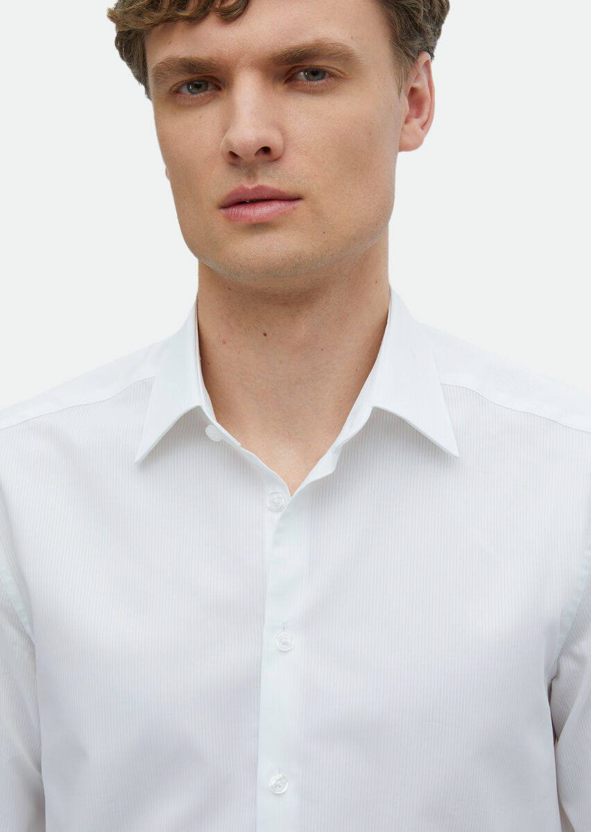 White Plain Regular Fit Long Weaving Classical 100% Cotton Shirt - 3