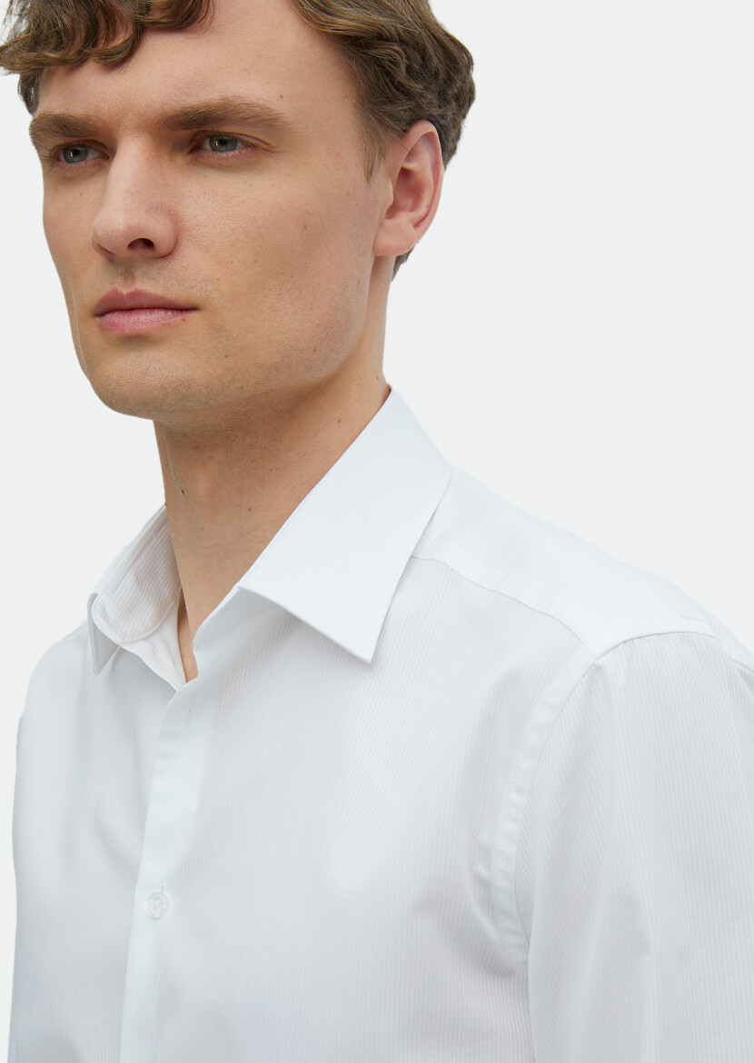 White Plain Regular Fit Long Weaving Classical 100% Cotton Shirt - 4