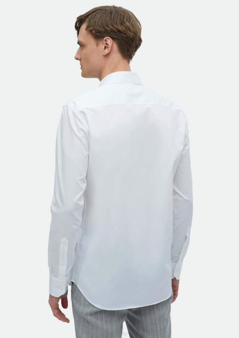 White Plain Regular Fit Long Weaving Classical 100% Cotton Shirt - 5