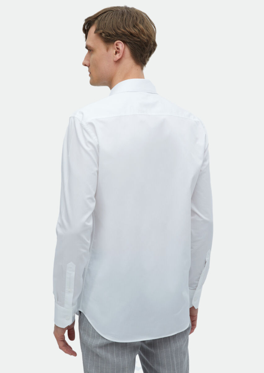 White Plain Regular Fit Long Weaving Classical 100% Cotton Shirt - 5