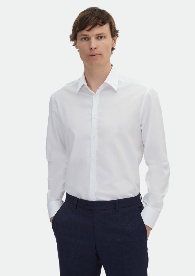 White Plain Regular Fit Long Weaving Classical 100% Cotton Shirt - 1