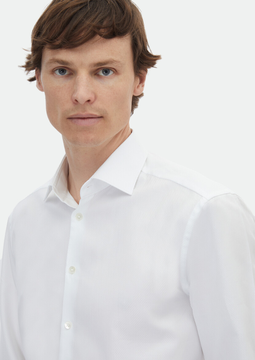 White Plain Regular Fit Long Weaving Classical 100% Cotton Shirt - 3