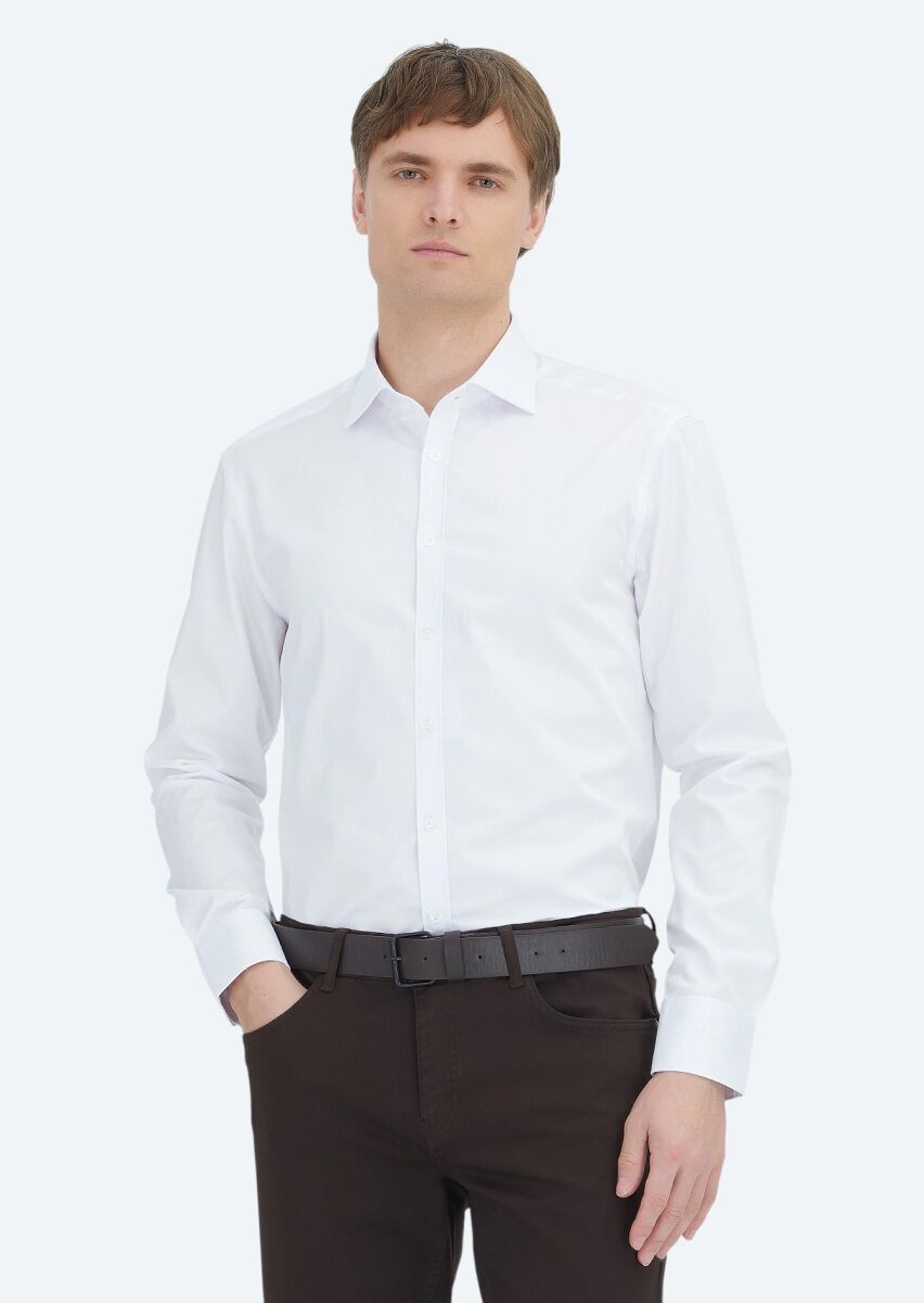 White Plain Regular Fit Long Weaving Classical 100% Cotton Shirt - 1
