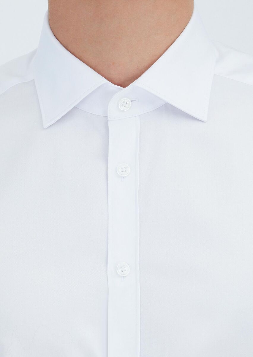 White Plain Regular Fit Long Weaving Classical 100% Cotton Shirt - 3