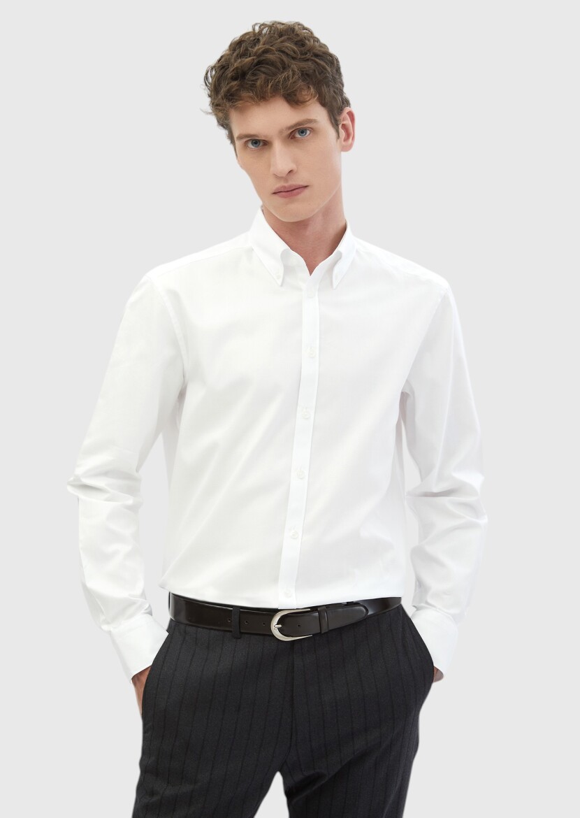 White Plain Regular Fit Long Weaving Classical 100% Cotton Shirt - 1