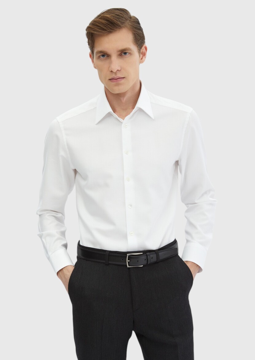 White Plain Regular Fit Long Weaving Classical 100% Cotton Shirt - RAMSEY