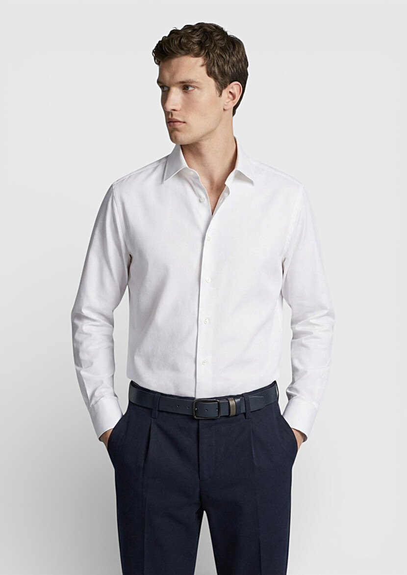 White Plain Regular Fit Long Weaving Classical 100% Cotton Shirt - 3