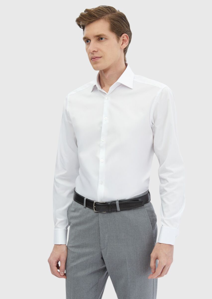 White Plain Regular Fit Long Weaving Classical 100% Cotton Shirt - 3