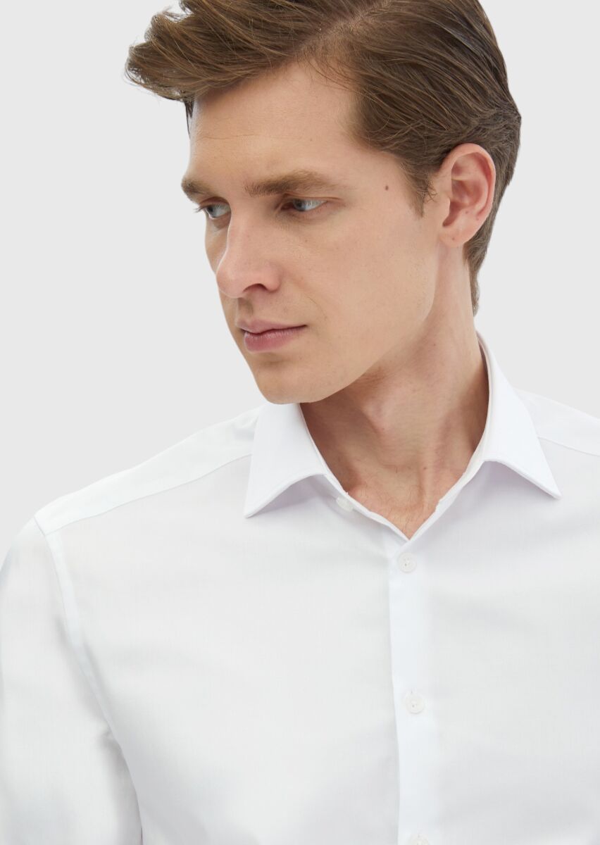 White Plain Regular Fit Long Weaving Classical 100% Cotton Shirt - 4