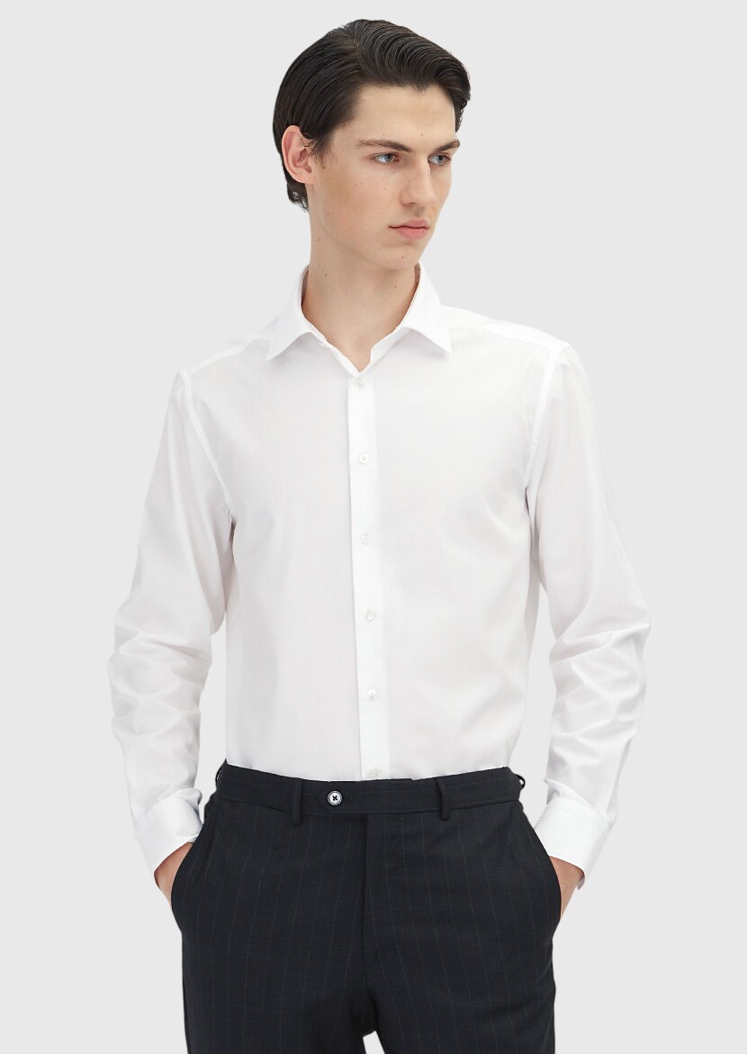 White Plain Regular Fit Long Weaving Classical 100% Cotton Shirt - RAMSEY