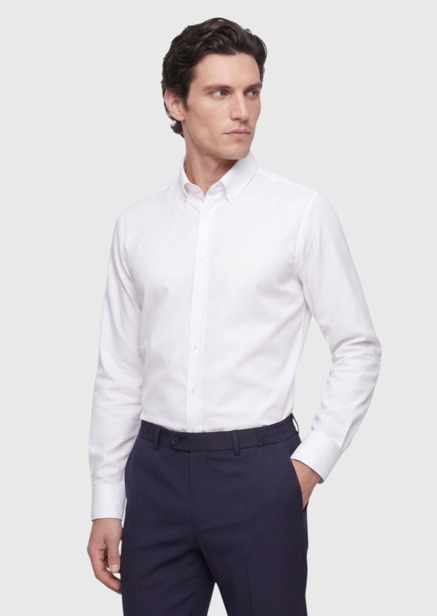 White Plain Regular Fit Long Weaving Classical 100% Cotton Shirt - 1
