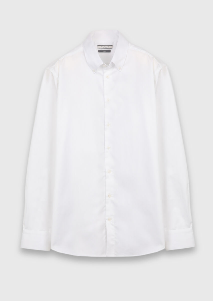 White Plain Regular Fit Long Weaving Classical 100% Cotton Shirt - 5